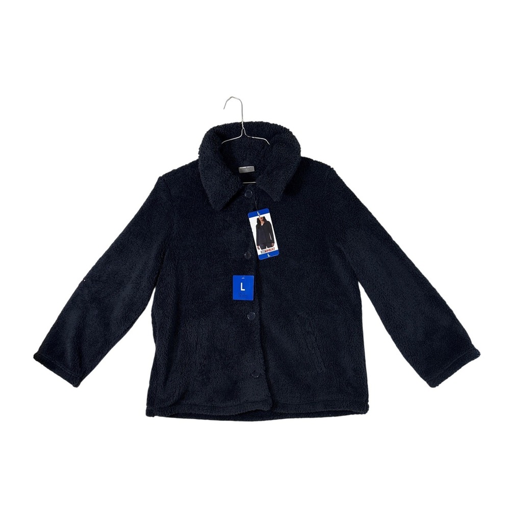 32 Degrees Heat Navy Blue Faux Fur Fleece Button Up Jacket Large NWT